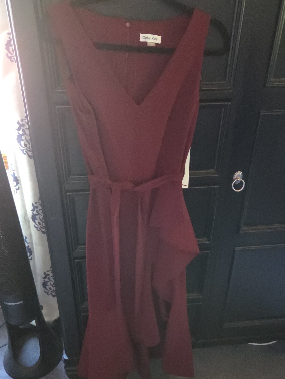Calvin Klein Womens Sleeveless V-Neck Wine Midi Dress with Side Ruffle Tie Waist